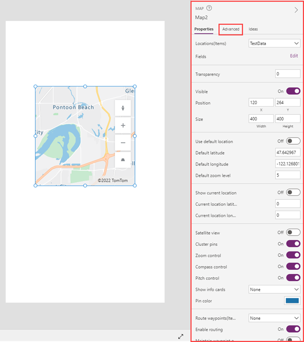 手机应用的屏幕截图，其中 map 控件显示在 Microsoft Power Apps Studio 中的属性选项卡旁边。