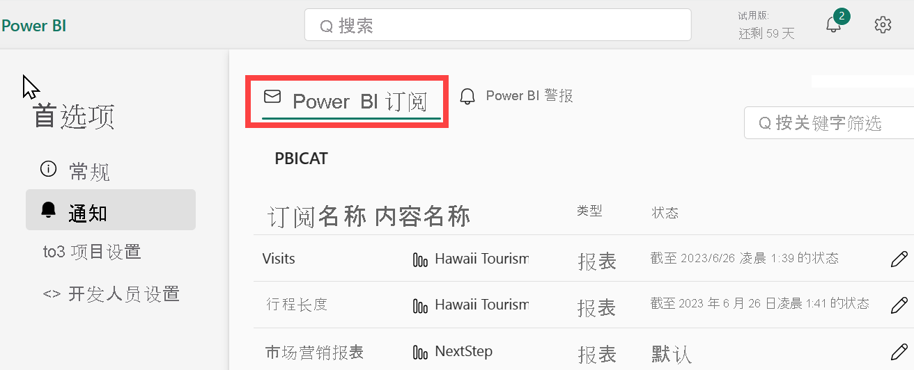 显示“通知”窗格的屏幕截图，其中“Power BI 订阅”以红色框出。