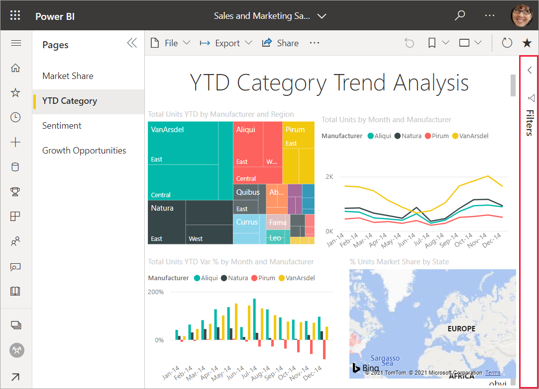 Power BI 服务中打开的报表的屏幕截图，其中选择了“筛选器”窗格。