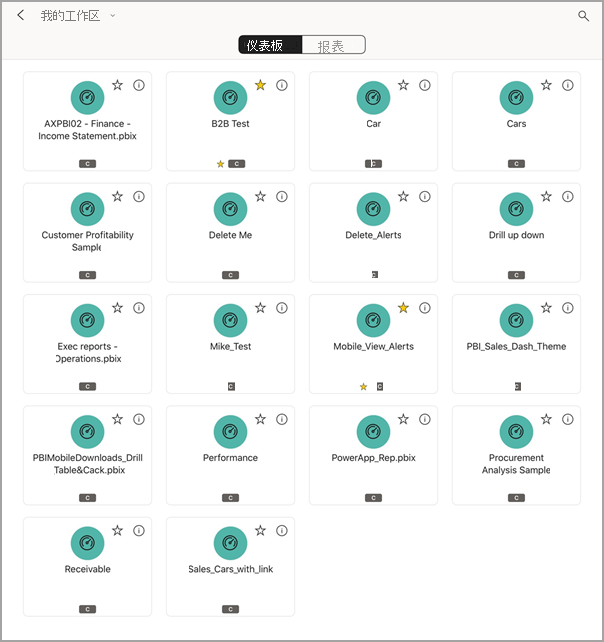 iPad 屏幕截图，其中在“我的工作区”中选择了“仪表板”。