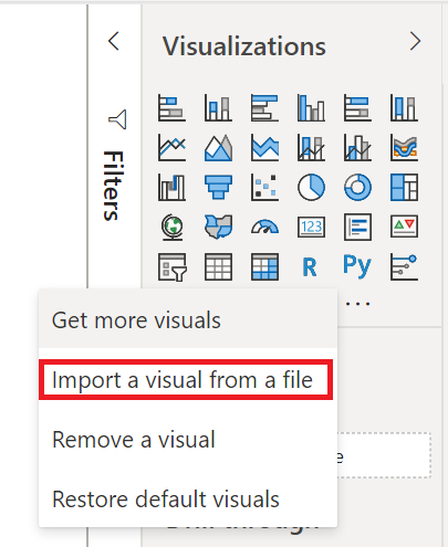 Power BI 的“可视化效果”窗格的屏幕截图，其中突出显示了“从文件导入视觉对象”选项。