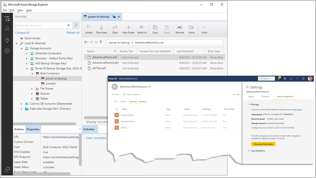 已选择备份的 Azure 存储资源管理器的屏幕截图。Power BI 窗口的一部分显示“设置”对话框。