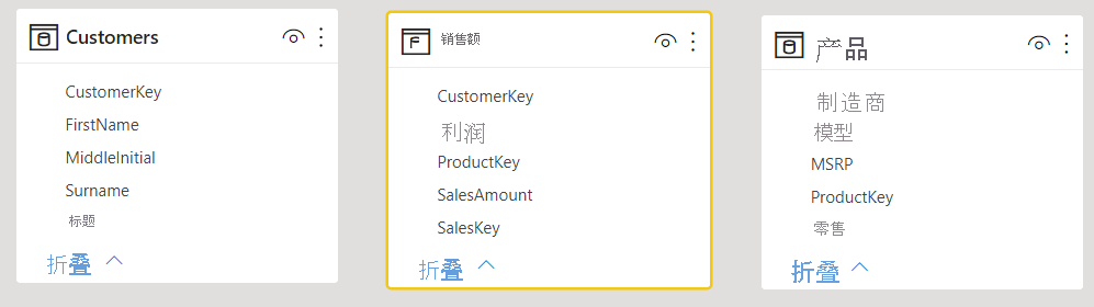 Screenshot showing Customers, Sales, and Products tables with no connected relationships.