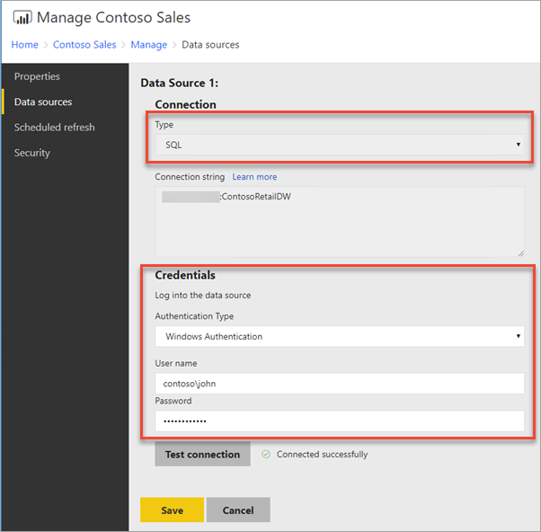 Data source credentials in manage report screen