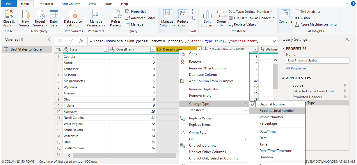 Power BI Desktop 的屏幕截图，其中显示了中央窗格中的数据。