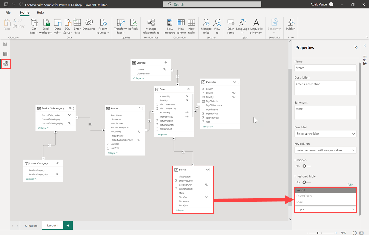 Screenshot of Relationship view highlight the option drop-down to change the storage mode.