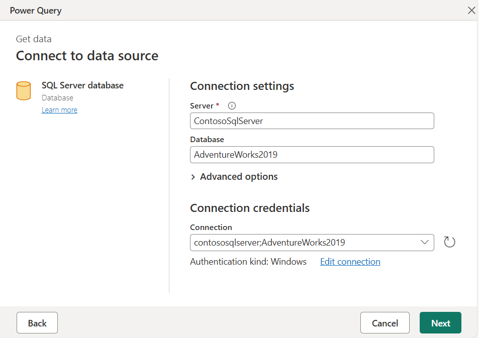 “连接设置”对话框的屏幕截图，此设置用于连接到 SQL Server 本地实例上的 AdventureWorks2019 数据库。