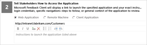 Launch application instructions rich-text area on Request Feedback form