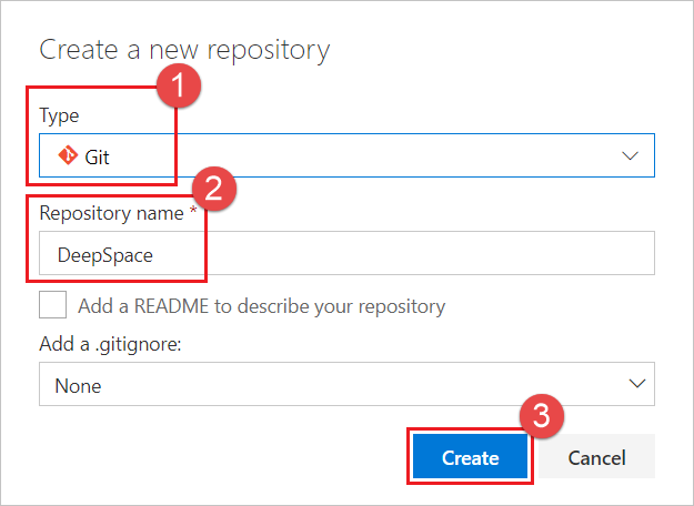 Set options for your new repo in the Create a Git repo dialog