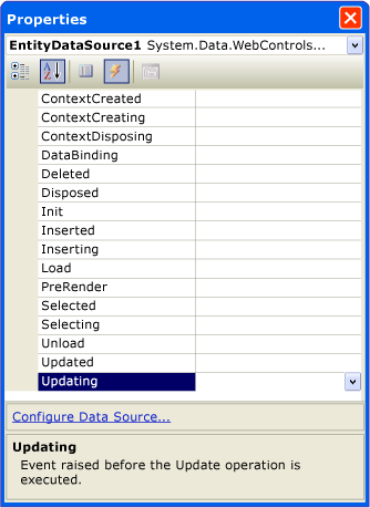 EntityDataSource 属性页，事件