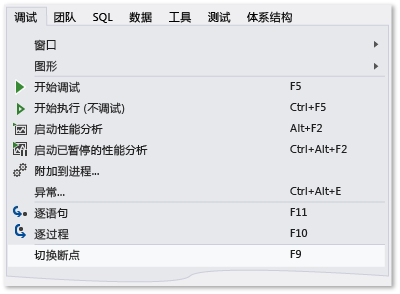 “调试”菜单上的“切换断点”命令