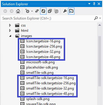 图像文件夹中有解决方案资源管理器和文件视图。对于“Icon.targetsize”和“smallTile-sdk”，有 16、32、48 以及 256 像素版本