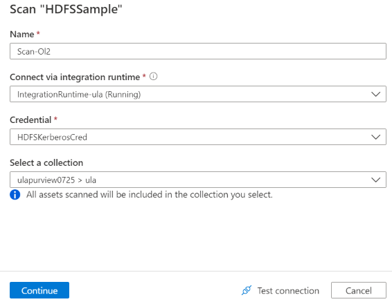 Purview 中 HDFS 扫描配置的屏幕截图。