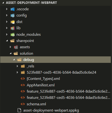 显示解决方案结构的屏幕截图，其中“sharepoint”文件夹下有“debug”文件夹