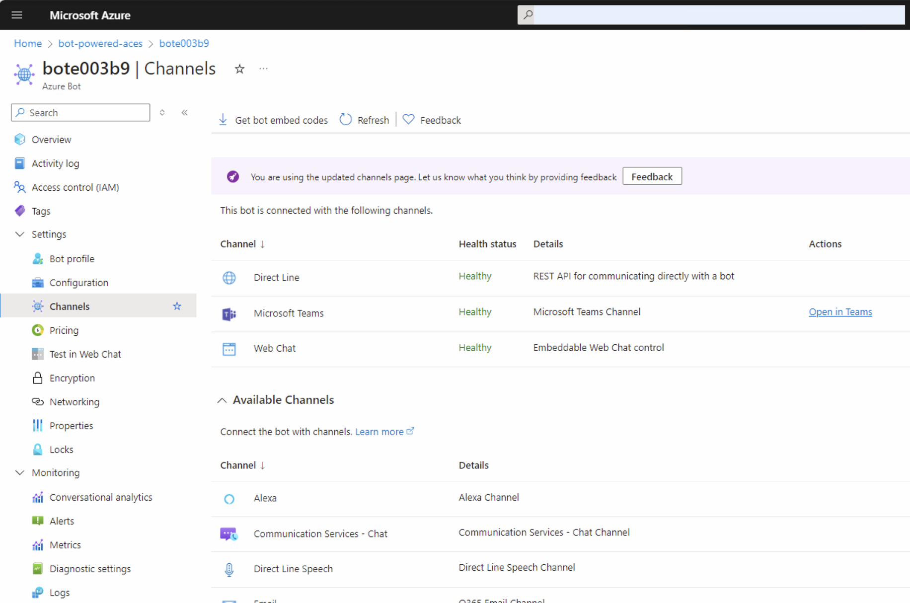 The panel to configure channels for the Azure Bot. There are two pre-selected channels: "Direct Line" and "Web Chat". There is a list of "Available Channels", including the "Microsoft 365" channel.