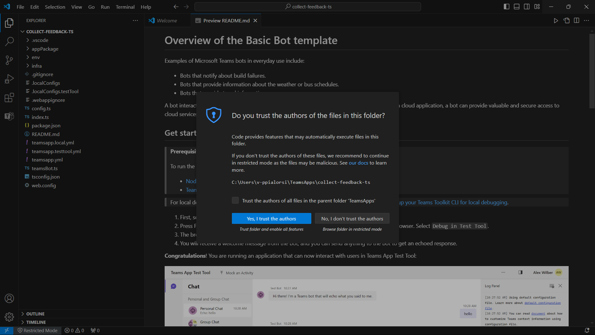 The UI of Microsoft Visual Code with the new project scaffolded by the Microsoft Teams Toolkit and a dialog prompt asking the user to trust the source folder of the solution