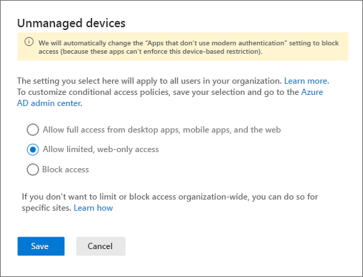 新的 SharePoint 管理中心中的“非托管设备”窗格