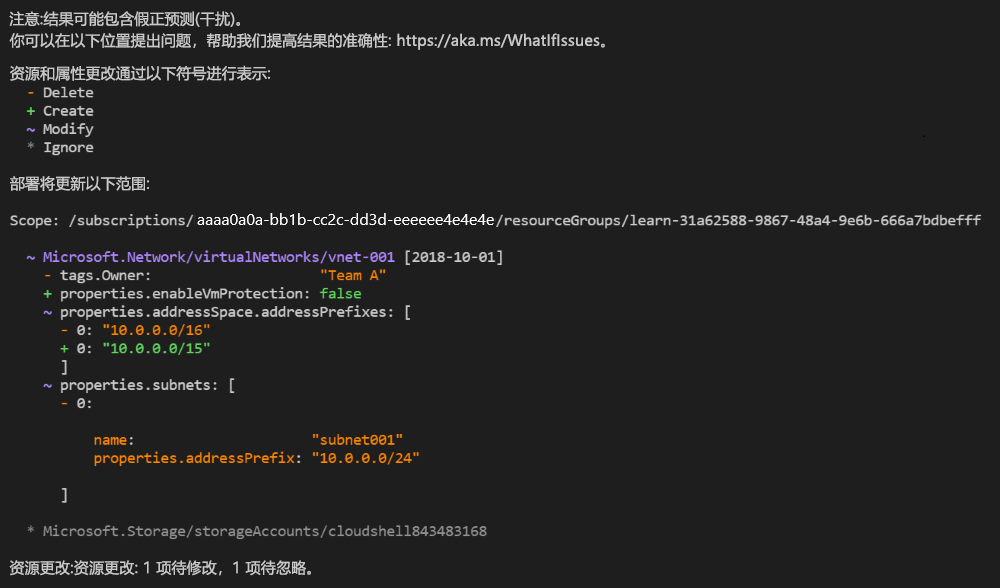 Azure PowerShell 的屏幕截图，其中显示了 what-if 操作的输出。