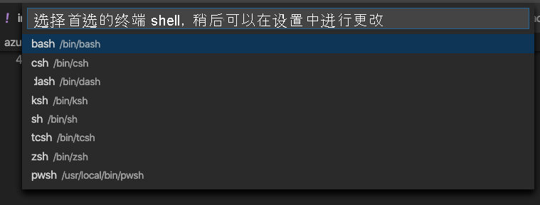 显示从下拉菜单中选择 shell 的屏幕截图。