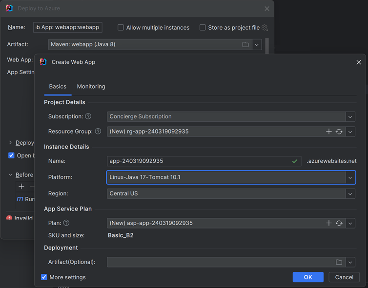 屏幕截图显示了在 IntelliJ IDEA 中设置新的 Azure Web 应用。