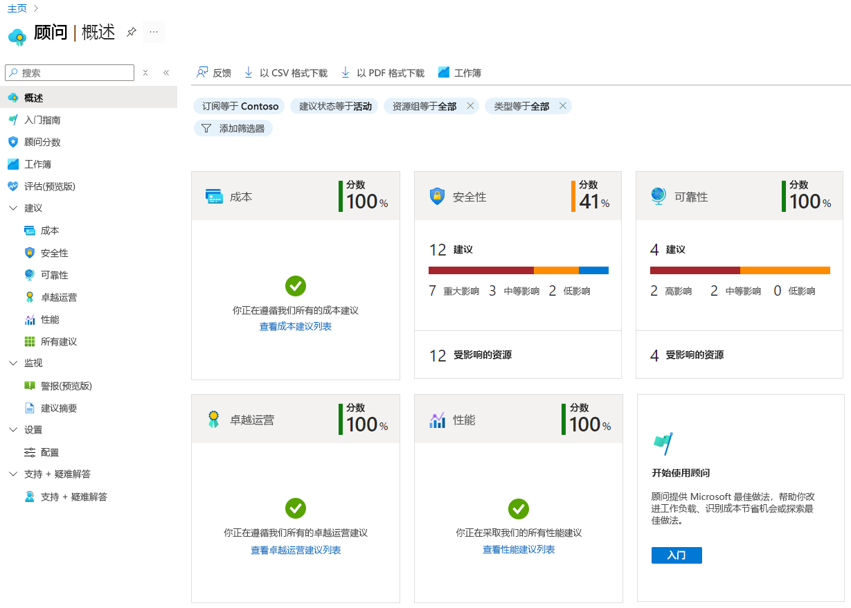 Azure 门户中的 Azure Advisor 概述页面的屏幕截图。