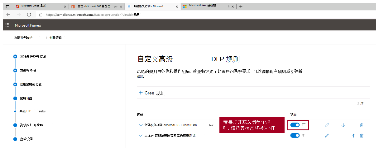 Screenshot of the advanced D L P policy rules page that highlights the status of each individual rule.