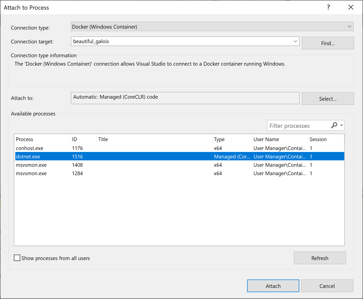 Visual Studio 中“附加到进程”对话框的屏幕截图。连接类型设置为“Docker (Windows 容器)”，并且已选中 dotnet.exe 进程。