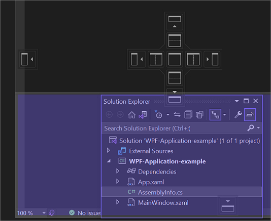 想要将解决方案资源管理器停靠在新位置时 IDE 中显示的内容的屏幕截图。