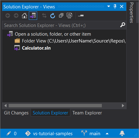 Screenshot of the .sln file in Git that's open in Solution Explorer, after you've selected the Switch Views button in Visual Studio 2019 version 16.8 and later.