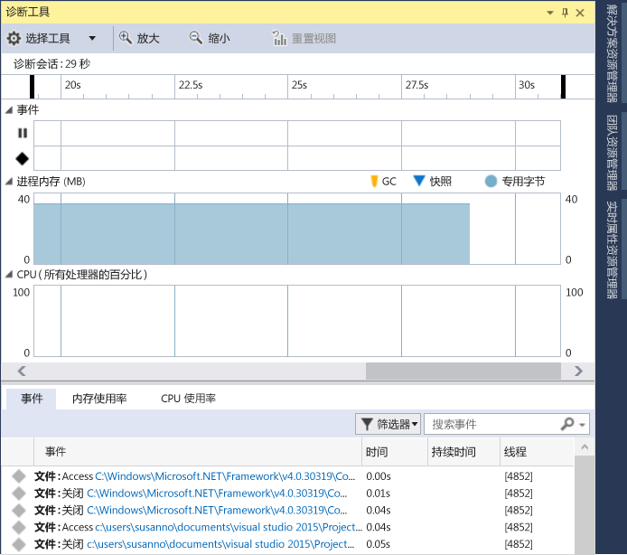 Visual Studio 调试器中“诊断工具”窗口的屏幕截图，其中显示了用于内存和 CPU 使用情况的事件时间线和图形。