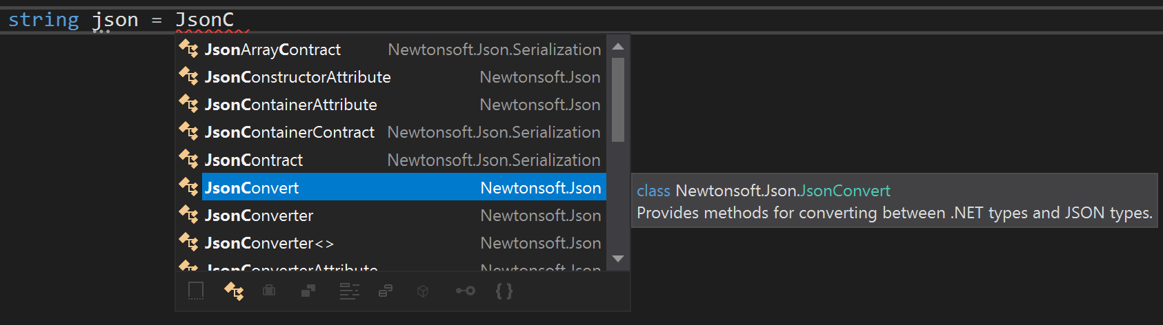 针对未导入类型的 IntelliSense 完成