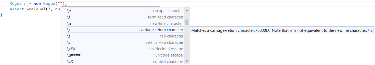 Intellisense 中提供的正则表达式完成（Ctrl + 空格）