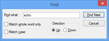 WinDbg 中搜索术语“echo”的“查找”对话框的屏幕截图。