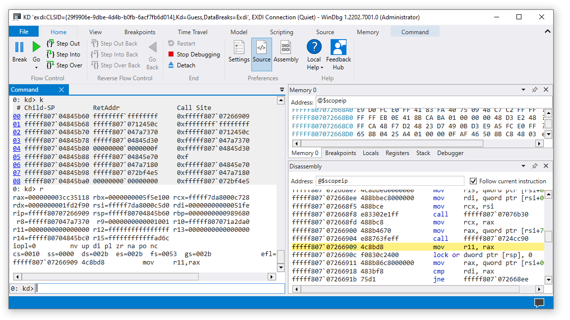 在窗口标题中显示 EXDI CLSID 的 WinDbg 主会话。