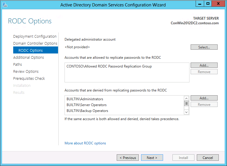 Active Directory 域服务配置向导的“RODC 选项”页的屏幕截图，其中显示了安装只读域控制器时会出现的选项。