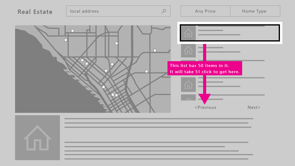 房地产应用：包含 50 个项目的列表需要 51 次单击即可访问下面的按钮