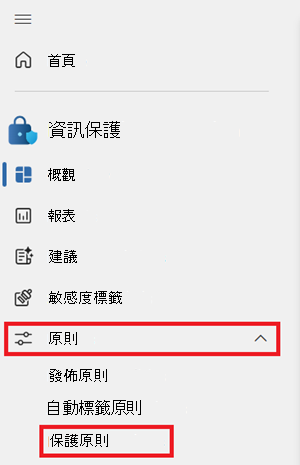 [資訊保護] 功能表的螢幕快照，其中已開啟 [原則] 下拉式清單，並醒目提示 [保護原則]。