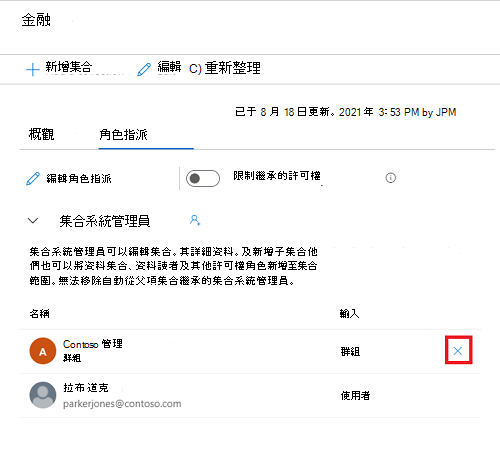 Microsoft Purview 治理入口網站集合視窗的螢幕快照，其中已選取 [角色指派] 索引卷標，且其中一個名稱旁邊的 x 按鈕已醒目提示。