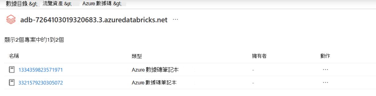 瀏覽相關聯 Azure Databricks Unity 目錄工作區資產中之筆記本的螢幕快照。