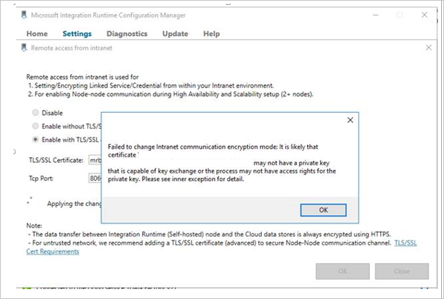 [Integration Runtime Configuration Manager設定] 窗格的螢幕擷取畫面，其中顯示 & 商數;私密金鑰遺失 & 商數;錯誤訊息。