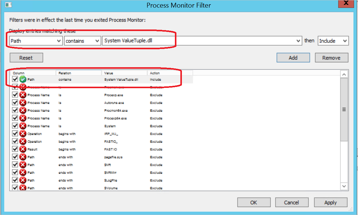 仲裁的 & 螢幕擷取畫面;Process Monitor Filter & quot; page， listing the filters for the DLL.