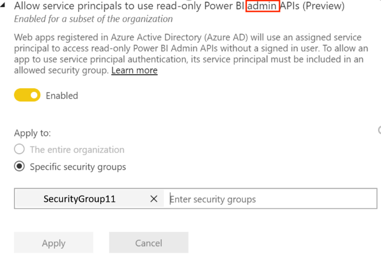 顯示如何允許服務主體取得只讀 Power BI 系統管理員 API 許可權的影像。