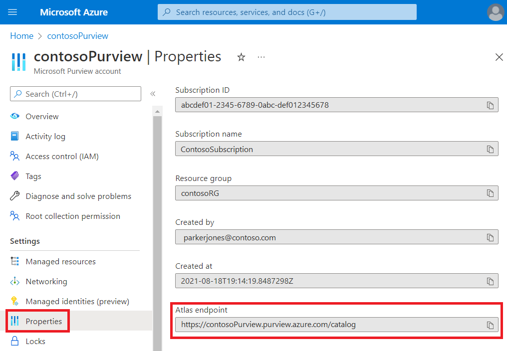 Microsoft Purview 屬性頁面的螢幕快照，其中已醒目提示 [Atlas 端點] 方塊。