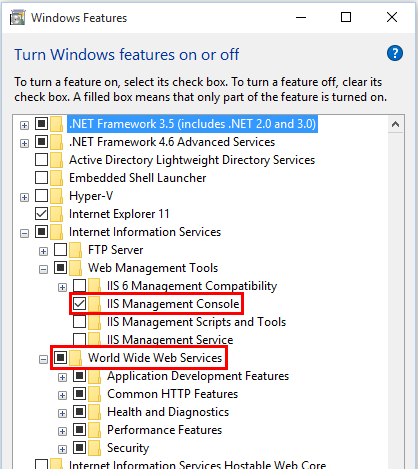 選取 [Windows 功能] 中的 [IIS 管理主控台] 和 [World Wide Web Services] (全球資訊網服務)。