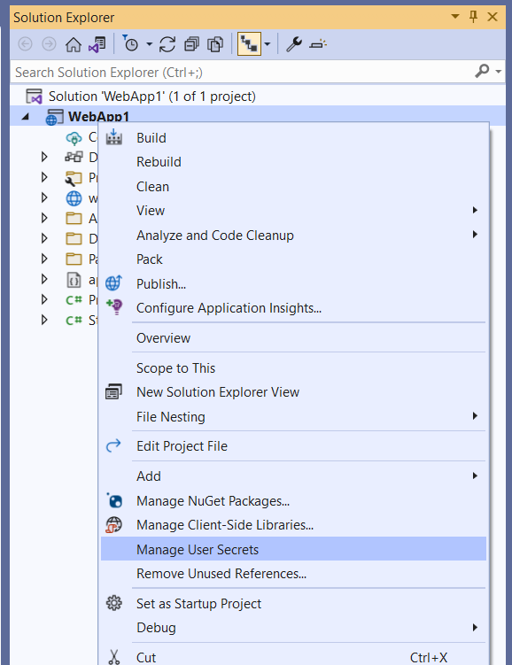 顯示管理使用者秘密的 Visual Studio