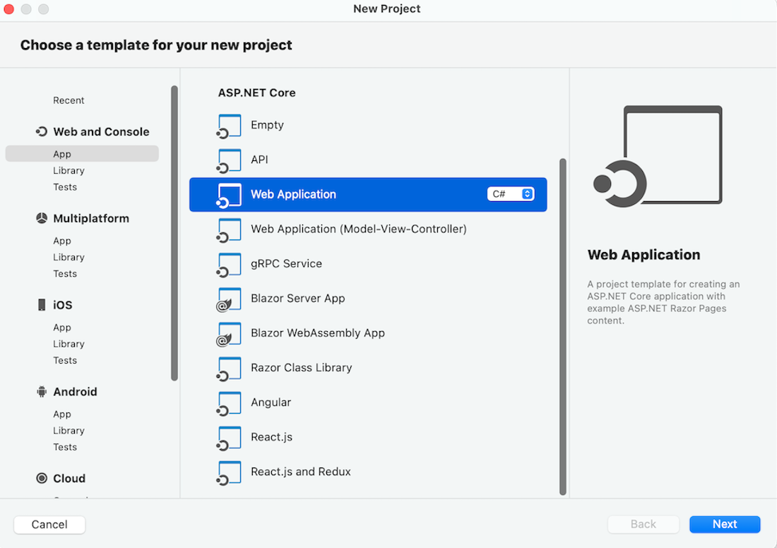 macOS Web 應用程式範本選取項目