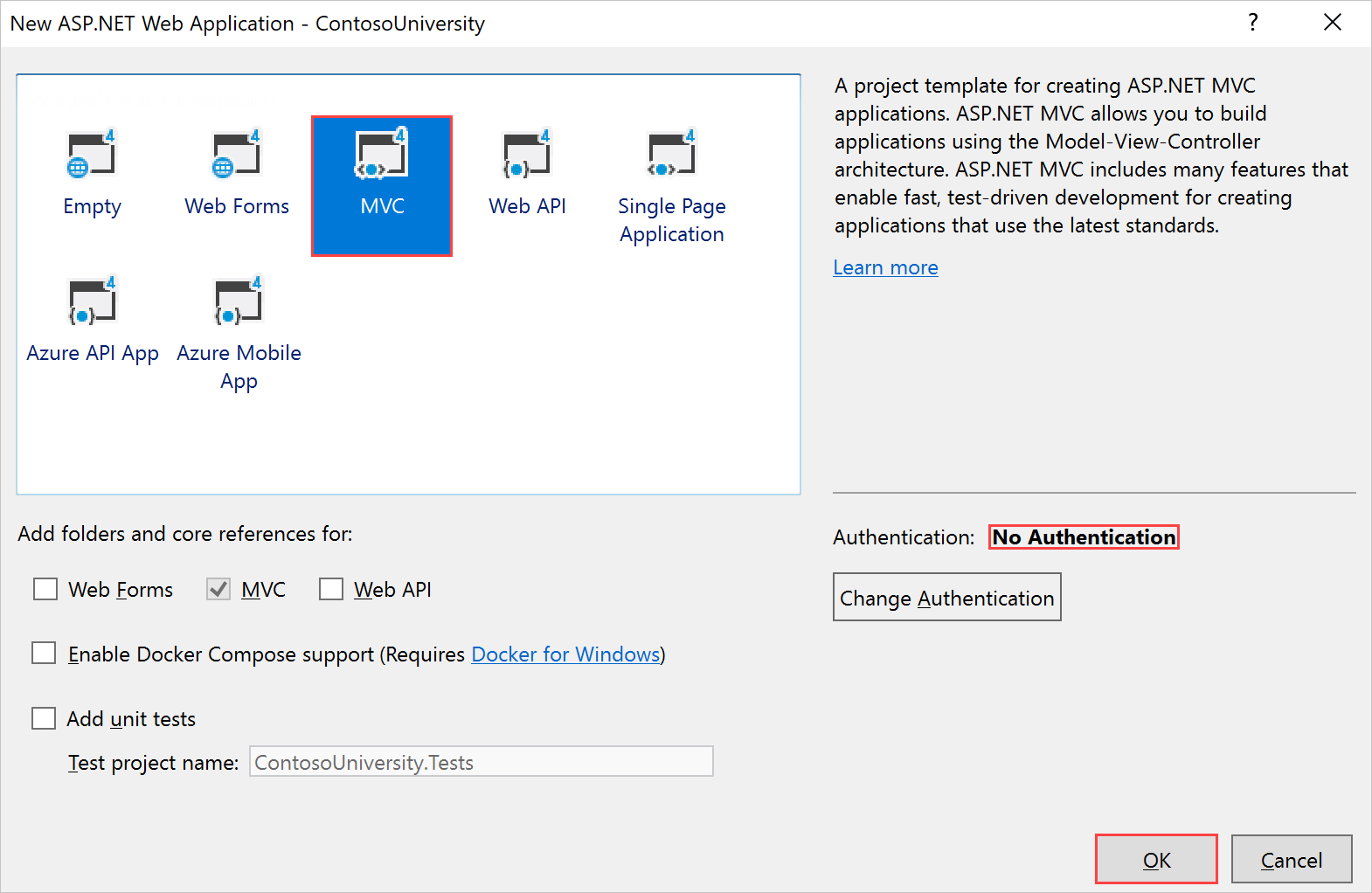 Visual Studio 中的新 Web 應用程式對話框