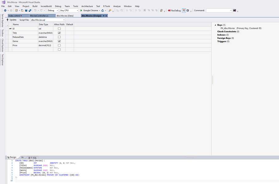 螢幕擷取畫面所示為 MVC Movie Microsoft Visual Studio 視窗。其中 [dbo.MoviesDesign] 索引標籤已選取。