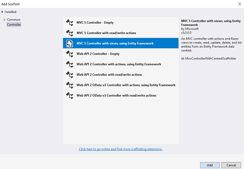 螢幕擷取畫面所示為「新增架構」對話方塊其中 [使用 Entity Framework 執行檢視的 MVC 5 控制器] 已選取。