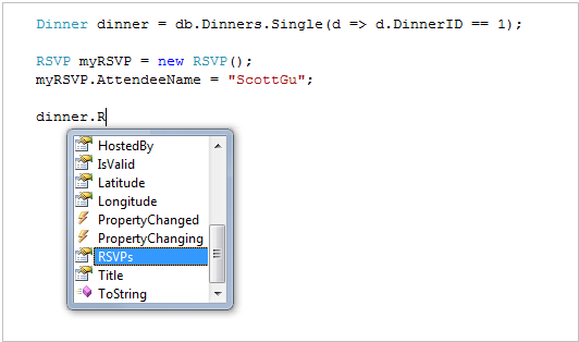 Visual Studio 中 Intellisense 的螢幕擷取畫面。回覆已醒目提示。